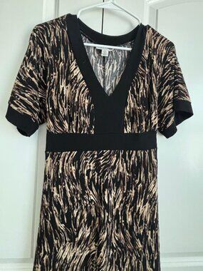 Enfocus Studio Empire Waist Dress Size 16 Black Tan Animal Print Short Sleeve